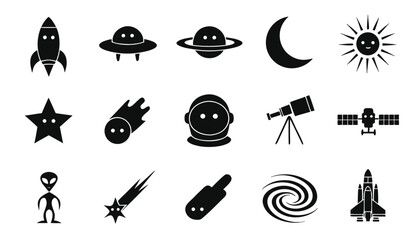 Detailed celestial body and space technology icons featuring sharp silhouettes of space shuttles and orbits © Sadhin07