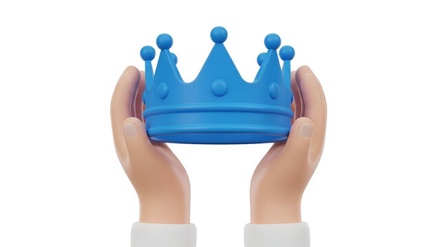 Two cartoon hands holding a smooth blue royal crown made in a simple three dimensional style presented on white background
