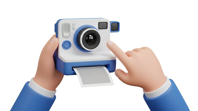 Cartoon character hands holding a blue instant camera while pointing at the lens with smooth plastic textures on white background