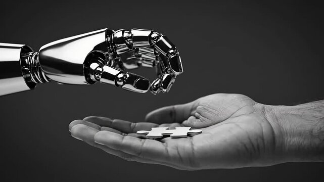 Robot hand passing puzzle piece to human hand.