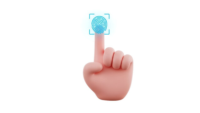 Cartoon 3d hand pressing a digital fingerprint scanner interface for secure biometric identification shown in a clean style on white background