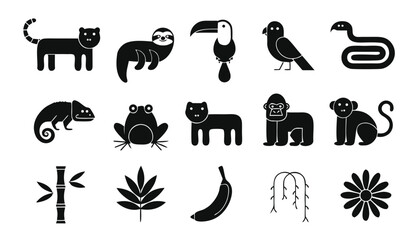 Fototapeta premium Jungle and rainforest animals and plants icon set in simple style, perfect for wildlife themes or educational content