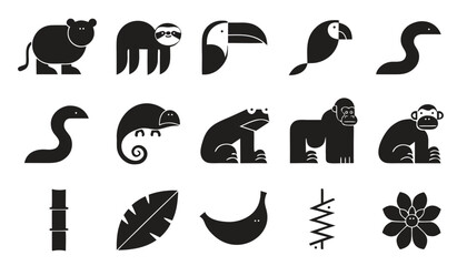 Fototapeta premium Jungle animals and plants icon set in simple style, great for tropical themes, wildlife education, or environmental designs