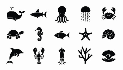 Marine life black glyph icons set, ocean and sea animals silhouettes, nautical creatures vector illustration © Sadhin07
