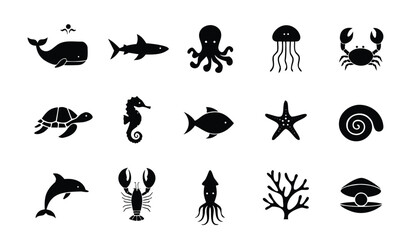 Marine life black glyph icons set, ocean and sea animals silhouettes, nautical creatures vector illustration © Sadhin07