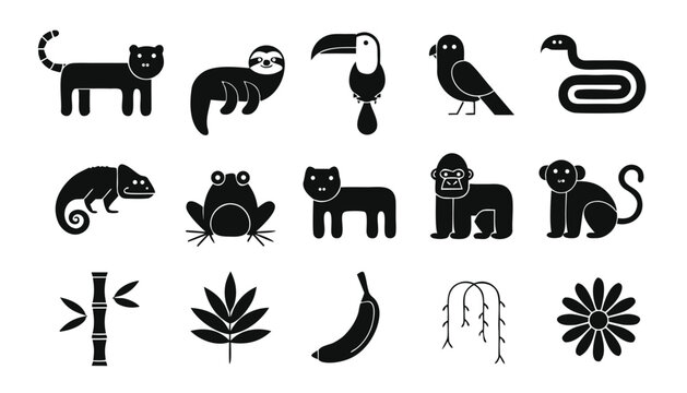 Jungle and rainforest animals and plants icon set in simple style, perfect for wildlife themes or educational content