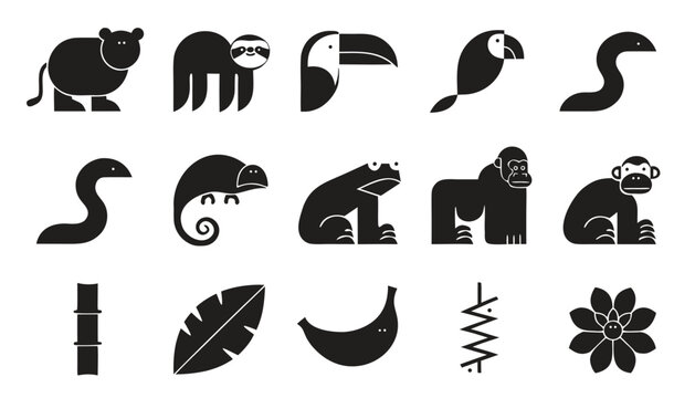 Jungle animals and plants icon set in simple style, great for tropical themes, wildlife education, or environmental designs