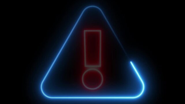 Glowing neon red and blue color warning attention sign icon animation danger risk alert error stop signal emergency hazard problem issue sign symbol on black background	