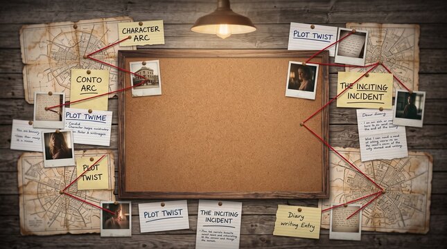 Detective investigation board with crime photos notes and red string connected on a dark rustic brick wall