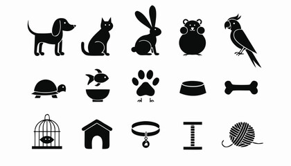 Naklejka na ściany i meble Pet shop glyph icons vector set. pets, supplies for home animals. domestic animals, grooming and care elements. cat, dog, bird, fish food. black silhouettes isolated on white background
