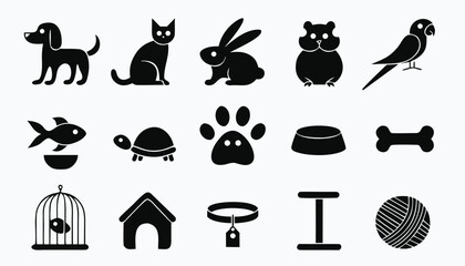 Naklejka na ściany i meble Pet shop glyph icons vector set. pets, supplies for home animals. domestic animals, grooming and care elements. cat, dog, bird, fish food. black silhouettes isolated on white background