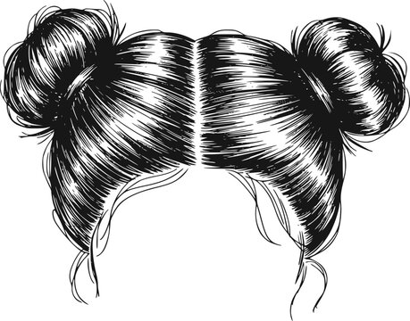 白背景に孤立した無造作な2つのお団子ヘア（スペースバン）の女性のヘアスタイルの手描きイラスト