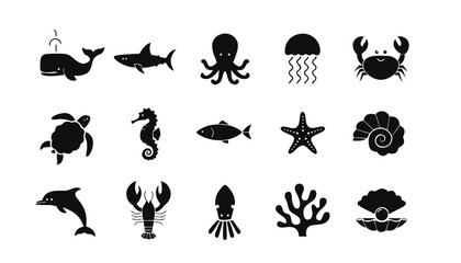 Sea creatures marine animals black icons set isolated on white background with whale shark octopus jellyfish and more © Sadhin07