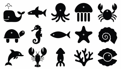 Sea creatures marine animals black icons set isolated on white background with whale shark octopus jellyfish and more © Sadhin07