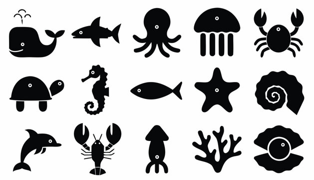 Sea creatures marine animals black icons set isolated on white background with whale shark octopus jellyfish and more