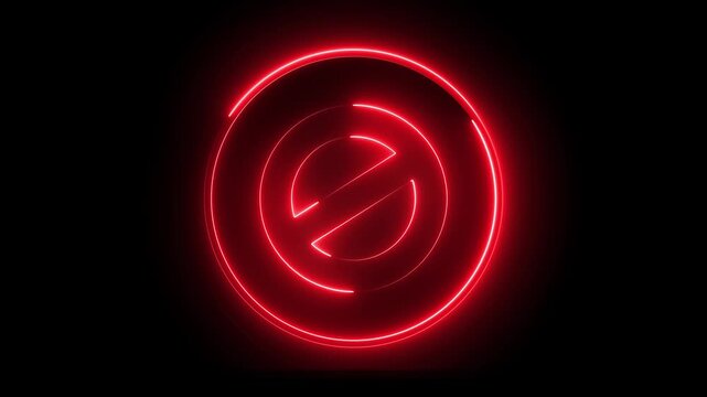 Glowing neon red color line ban sign icon animation wrong warning risk alert error stop signal emergency problem issue sign symbol on black background	