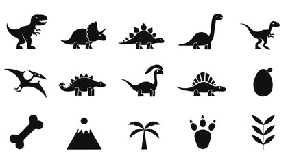 Set of prehistoric dinosaur silhouettes and nature elements © Sadhin07