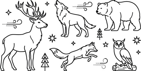 Obraz premium Wild Forest Animals Line Icon Set with Deer, Howling Wolf, Grizzly Bear, Jumping Fox, and Owl on Log Graphic Elements