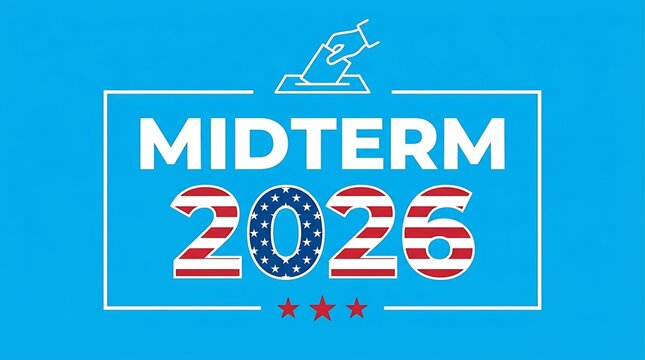 Midterm elections 2026 campaign banner with USA flag. Political voting event poster for upcoming national polls and democracy concept.