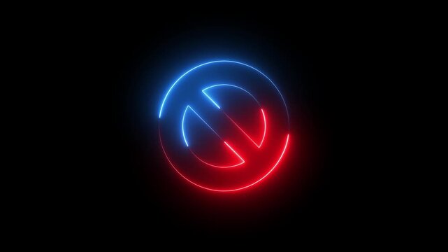 Glowing neon red and blue color line ban sign icon animation wrong warning risk alert error stop signal emergency problem issue sign symbol on black background	