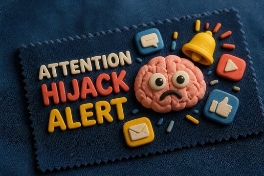 Attention hijack alert concept with brain and social media icons