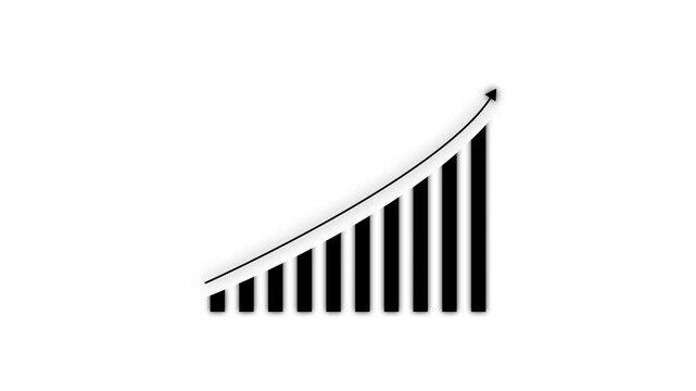 Minimalist business growth bar chart animation with upward arrow on dark background, corporate financial progress concept."