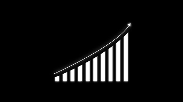 Minimalist business growth bar chart animation with upward arrow on dark background, corporate financial progress concept."