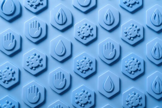Hygiene protection icons on blue hexagon background for health safety and prevention concepts