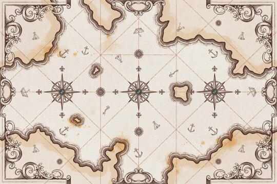 Antique nautical treasure map on aged paper with compass roses, anchor and ornate decorative borders, featuring islands and coastal lines