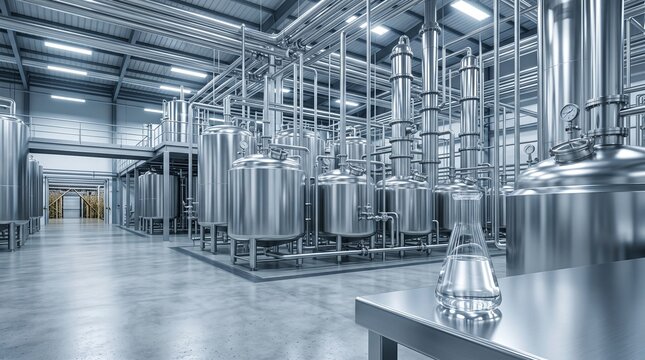 Sugarcane ethanol production area, Biofuel manufacturing facility, Stainless industrial tanks, Renewable fuel concept, Clean factory interior
