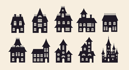 Fototapeta premium Haunted Halloween Houses. Spooky house silhouette set. Decoration for Halloween posters, banners. Vector illustration