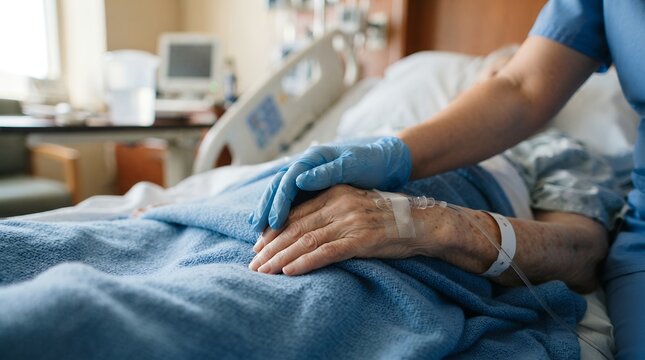 Compassionate nurse holding hand of elderly patient in hospital bed, senior healthcare and medical support concept, palliative care in clinic