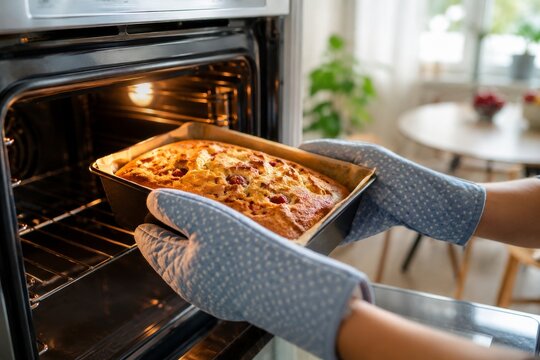 Actividad de cocinar un pastel en la cocina mientras se lo saca del horno en un hogar