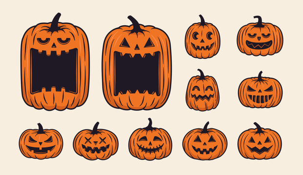 11 Halloween pumpkins set. Cartoon halloween pumpkins isolated on white background. Halloween Pumpkins with Monster faces. Design elements for badge, banner, label, poster, flyer, invitation. Vector i