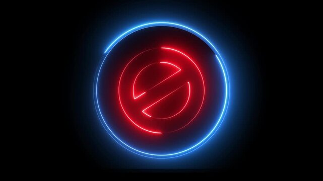 Glowing neon red and blue color line ban sign icon animation wrong warning risk alert error stop signal emergency problem issue sign symbol on black background	