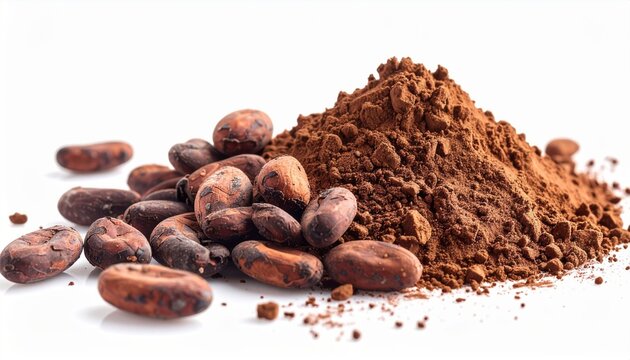 Cocoa isolated on white: A minimalist product shot of dry brown cocoa beans scattered around raw powder, isolated on white.