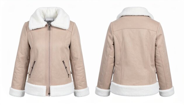Beige winter wool jacket: A premium women classical beige wool winter jacket adorned with a plush white artificial faux fur collar, front view clothing mockup on white.