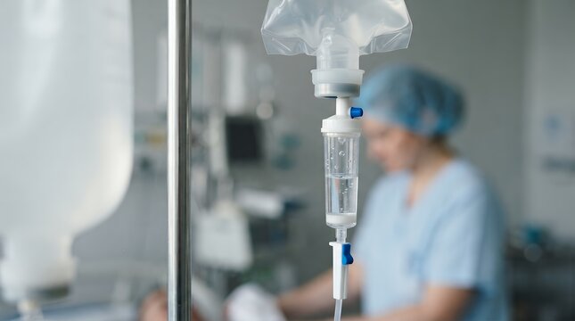 Intravenous drip close up in hospital room, medical IV infusion therapy, blurred nurse caring for patient in intensive care unit