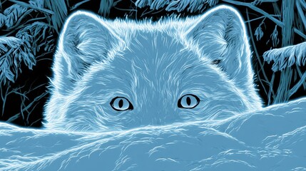 Fototapeta premium An arctic fox peeks over a snowy ridge, with just its eyes and ears visible, in a dark winter scene with neon colors.