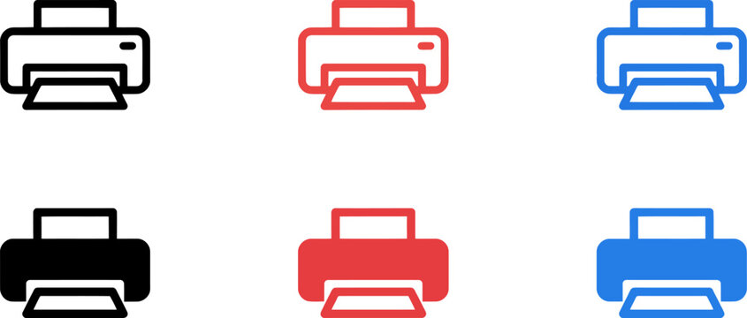 Colorful printer icons in black red and blue on white background