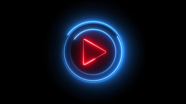 Glowing neon red and blue color play button sign icon animation music audio video media player icon on black background	