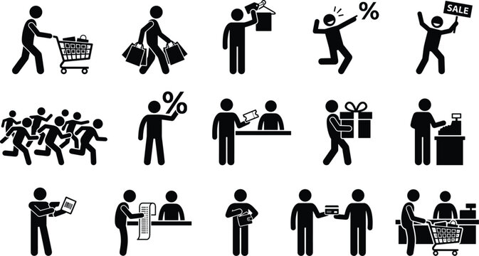 Set of shopping icons, people shopping, buying goods, paying at the checkout, sale, discount, gift, and customer service