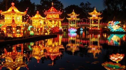 Fototapeta premium The Chinese Lantern Festival in a park features traditional hanging lanterns and bright pagoda installations. Image for a magazine feature on global holidays or cultural events