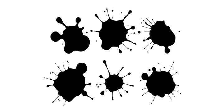 Ink splatter set with six irregular black marks arranged in a 2x3 grid on white background featuring black and white, line art, minimalist with high-contrast and dynamic