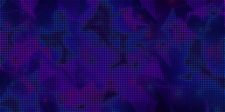 Purple abstract pixel texture bg video screen. Tv pattern background with square noise effect. Futuristic broadcast neon gradient banner for television. Modern vhs led static display element