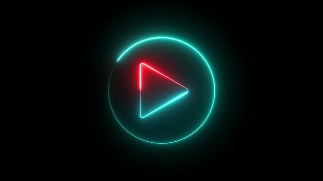 Glowing neon red and cyan color play button sign icon animation music audio video media player icon on black background	