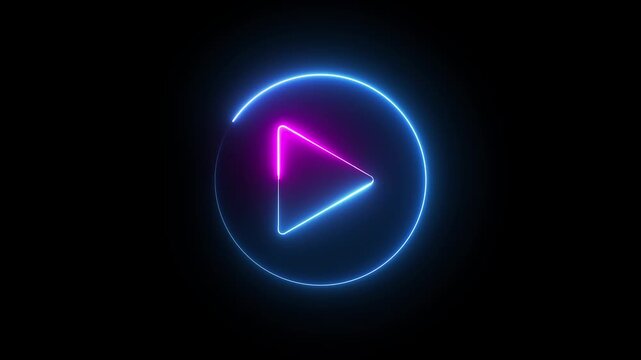 Glowing neon pink and blue color play button sign icon animation music audio video media player icon on black background	