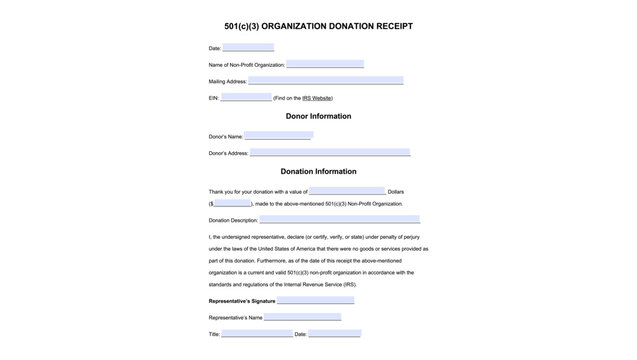 501(c)(3) Donation Receipt fillable form, color vector illustration