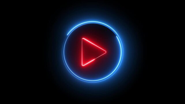Glowing neon red and blue color play button sign icon animation music audio video media player icon on black background	