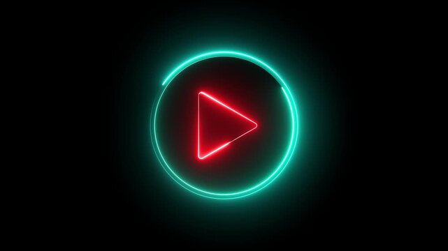 Glowing neon red and cyan color play button sign icon animation music audio video media player icon on black background	